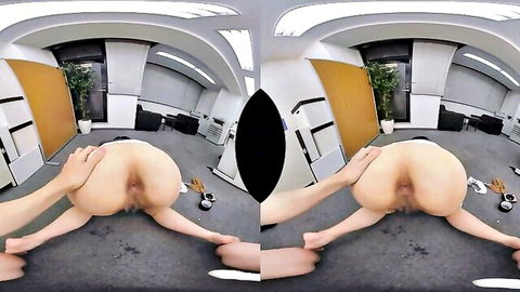 Naked Japanese woman in office does wide splits on floor exposing shaved pussy in VR POV