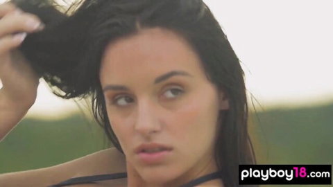 Sasha petite teen brunette in black bikini teasing outdoors