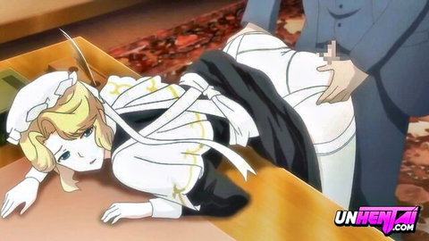 Blonde anime maid bent over desk pleasured by suited master in hentai