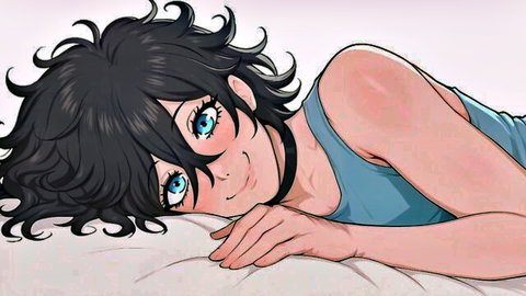 Cute anime femboy in blue tank top smiling seductively on bed