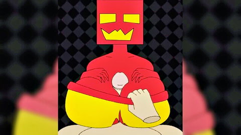 Animated red cube BeatBanger hands-free ejaculation into cup, yellow pants down