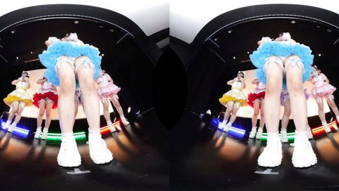 Group of Asian JAV cheerleaders in colorful short skirts and stockings posing legs spread in VR