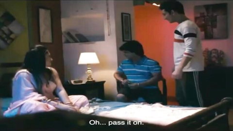 Sexy Indian babe in pink saree on bed with two horny guys teasing