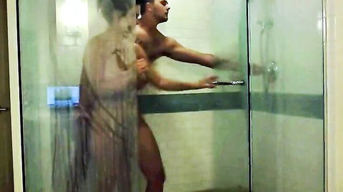 Chloe Lamb nude shower embrace with muscular man turning on water