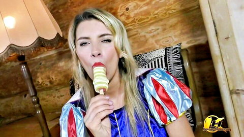 Katerina Hartlova as Snow White licking striped popsicle seductively