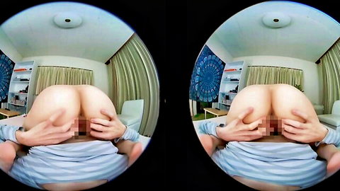 POV VR of Asian girl's big pale ass cheeks spread wide by hands on sofa