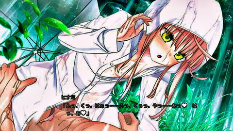 Pink-haired hentai girl exposes massive tits and teases with cucumber in jungle