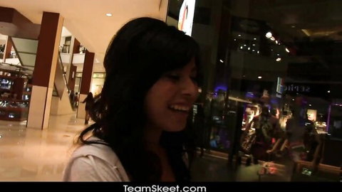 Smiling Asian woman in white top picked up from mall for hookup