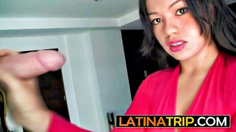 Wild Hispanic babe in pink dress handles massive dick solo