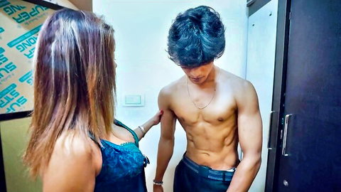 Indian busty babe in blue lingerie teases shirtless muscular guy