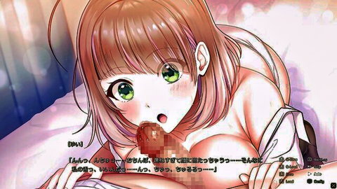 Anime girl Hina Yui with ginger hair giving oral, exposed breasts, surprised expression