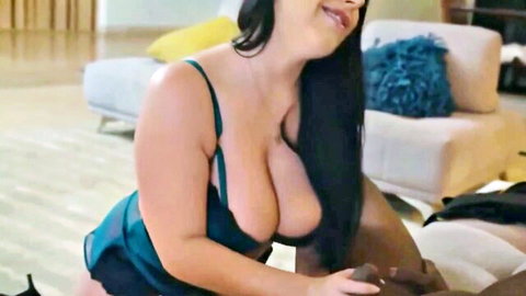 Angela White in green lingerie giving handjob to BBC