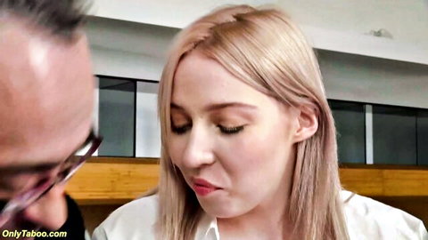 Blonde skinny teen student in white blouse with professor