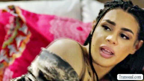 Busty brunette with braids moans in ecstasy from TS stepsister's touch