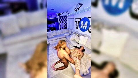 Muscular black stud with dreads fucks blonde's wet pussy missionary on luxury white couch