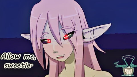 Seductive purple-haired anime elf girl smirks invitingly in fantasy impregnation scene