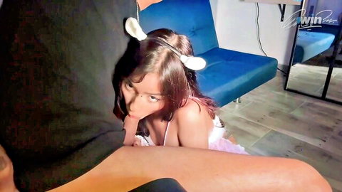 Petite brunette teen in cow cosplay eagerly deepthroats thick cock in intense POV blowjob