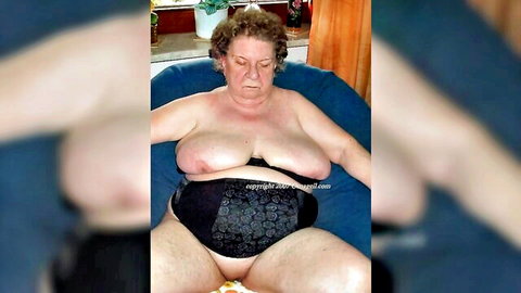 Amateur granny in black lace lingerie, big sagging tits, hairy mature body