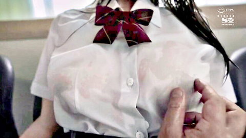 Busty schoolgirl's huge tits and nipples visible through sheer white shirt groped by hand