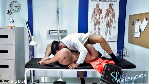 Muscular doctor in open white coat fucks nude patient missionary on exam table