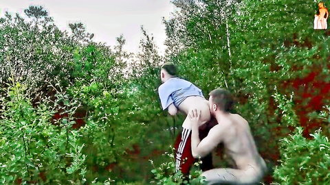 Amateur gay twink bent over and banged by muscular guy in woods