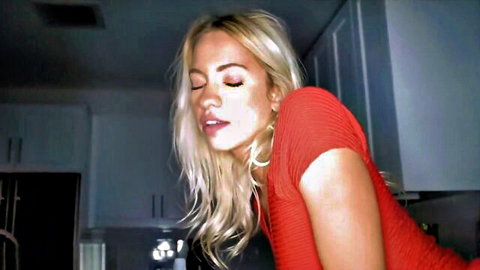 Beautiful blonde teen in red top, seductive lean for first BBC encounter