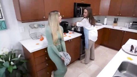 Blonde in green dress and brunette in apron tease in kitchen stepdaddy scene