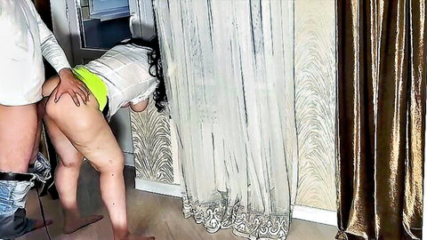 Curvy brunette stepmom in yellow panties bent over for doggy style tease