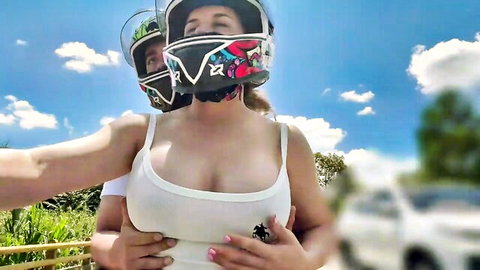 Stepmom in tight white tank top with huge cleavage picks up stepson on motorcycle outdoors