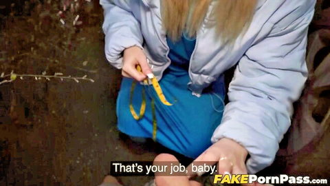 Blonde delivery babe Vera Jarw teases with measuring tape in jacket and dress