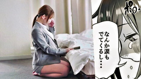 Hentai office lady in suit kneeling by bed skirt up exposing thighs crying on phone