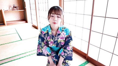 Ichino Aoi in seductive floral kimono, kneeling Japanese beauty