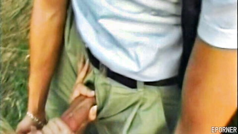 Julie in retro amateur outdoor handjob with exposed cock