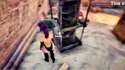 Lara Croft cosplaying as Tifa in sexy black lingerie and stockings, back view