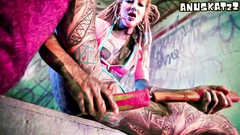 Tattooed Anuskatzz anal stretch with pink dildo insertion