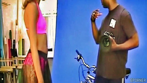 Black glamour girl Nina in pink crop top and skirt during sexy photoshoot