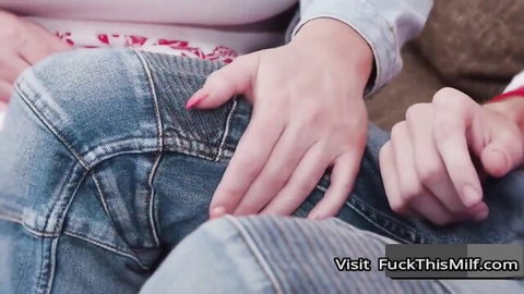 Blonde stepmom teases athletic stepson with hands on jeans