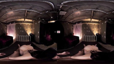 Nude Asian babe with long black hair lying spread-eagled in hot VR porn