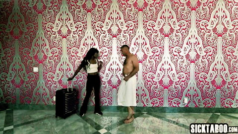 August Skye busty black cougar in white top chats with shirtless man in towel