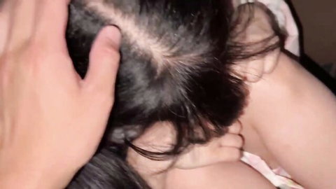 Japanese woman long black hair pulled back by hand in intense JAV scene from NEOS-014
