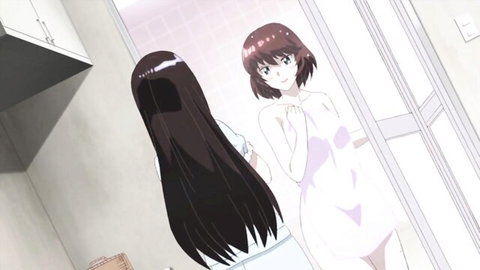 Anime hentai girls in bathroom, one in skimpy towel smiling, ep.5