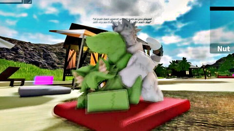 Green anthropomorphic dinosaur with massive tits fucks white furry in doggy style on beach mat