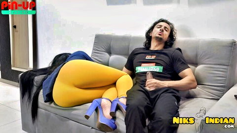 Desi Indian Bhabhi in tight yellow leggings teases bro-in-law with big ass up