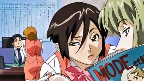 Anime office girls in lingerie sharing intimate moment over book in hentai episode