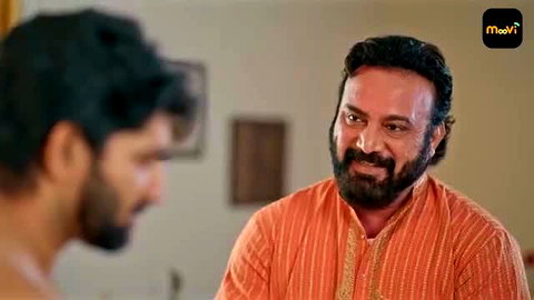 Indian web series mature bearded man in orange kurta chats with young stud