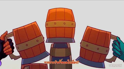 FANDELTALES animated beer barrels held by red and green gloved hands party