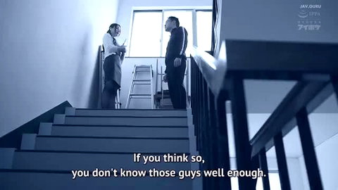 Miu Shiramine in seductive stair talk with suited man JAV