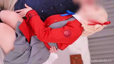 Nishikigi Chisato cosplay blonde groping bulge in red uniform skirt thighhighs