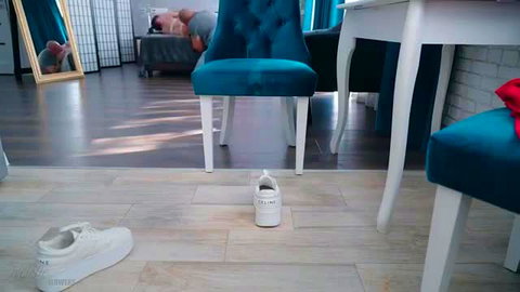 Curvy blonde big ass spread on chair for anal, sneakers fetish