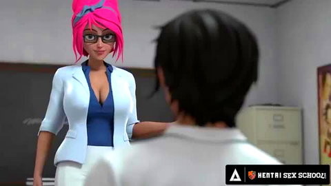 Dee Williams as stacked principal MILF with pink hair teases student in hentai sex school